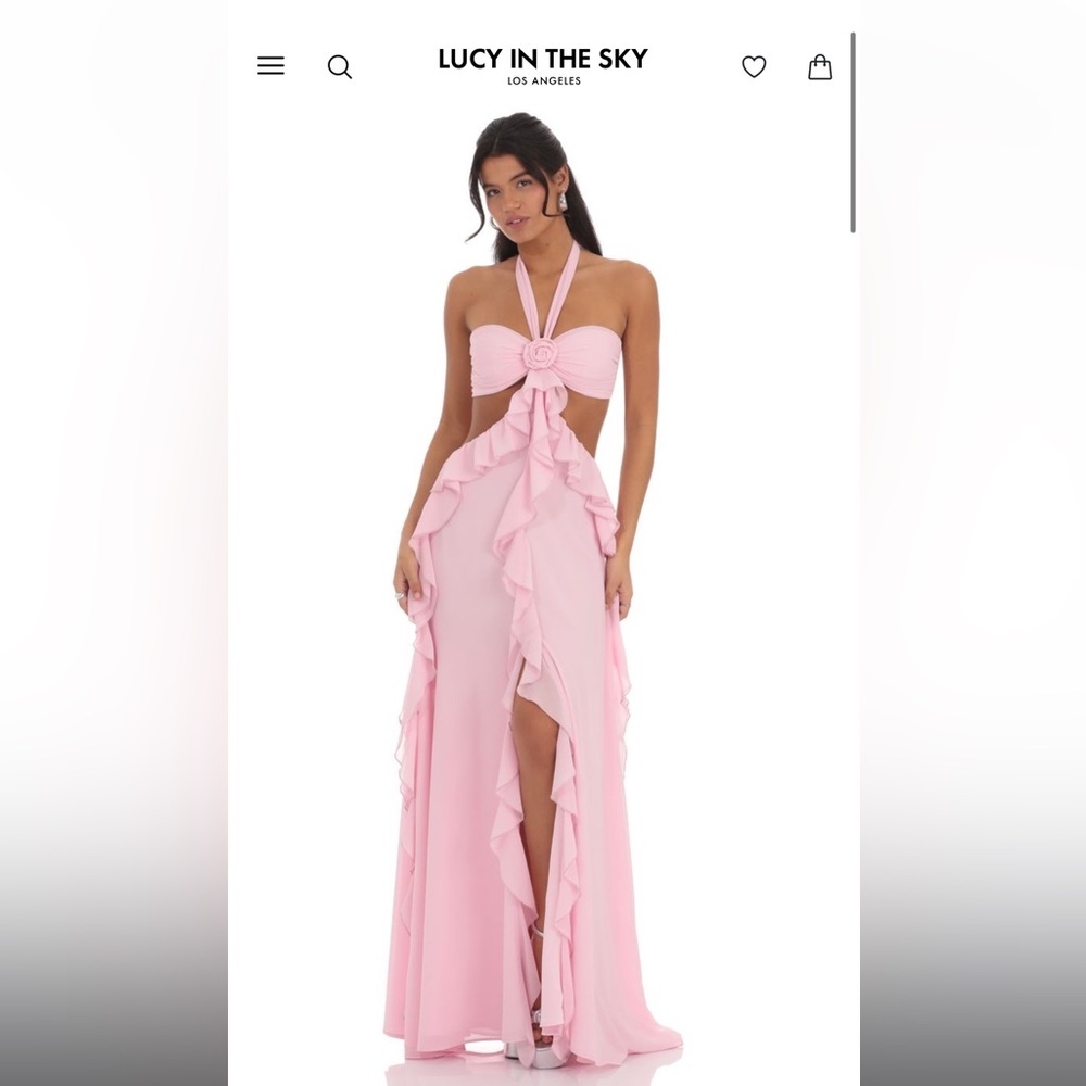 Lucy in the Sky Chiffon Cutout Ruffle Maxi Dress Pink